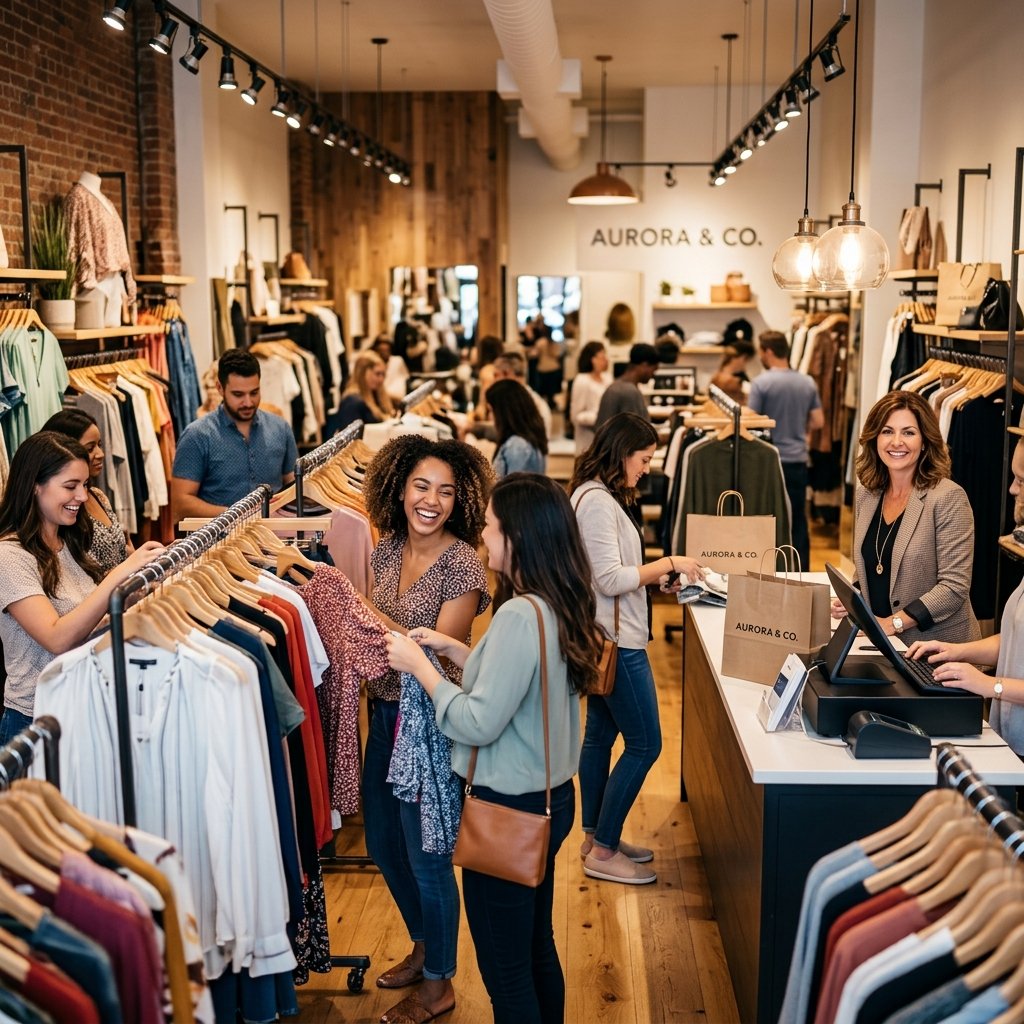Loja de Roupas em Pelotas com clientes e proprietário satisfeito